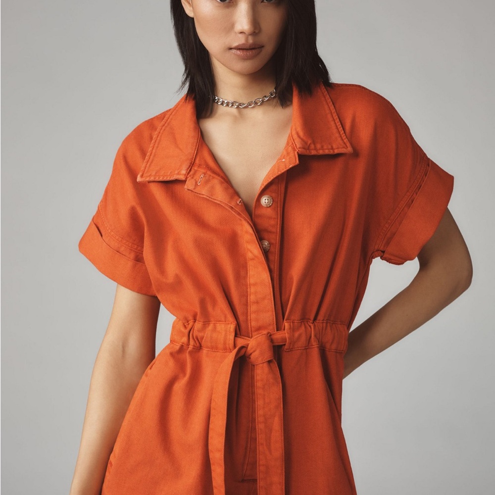 Anthropologie Pilcro Women's Orange Button-Up Belted utility romper Small NEW - Picture 2 of 12